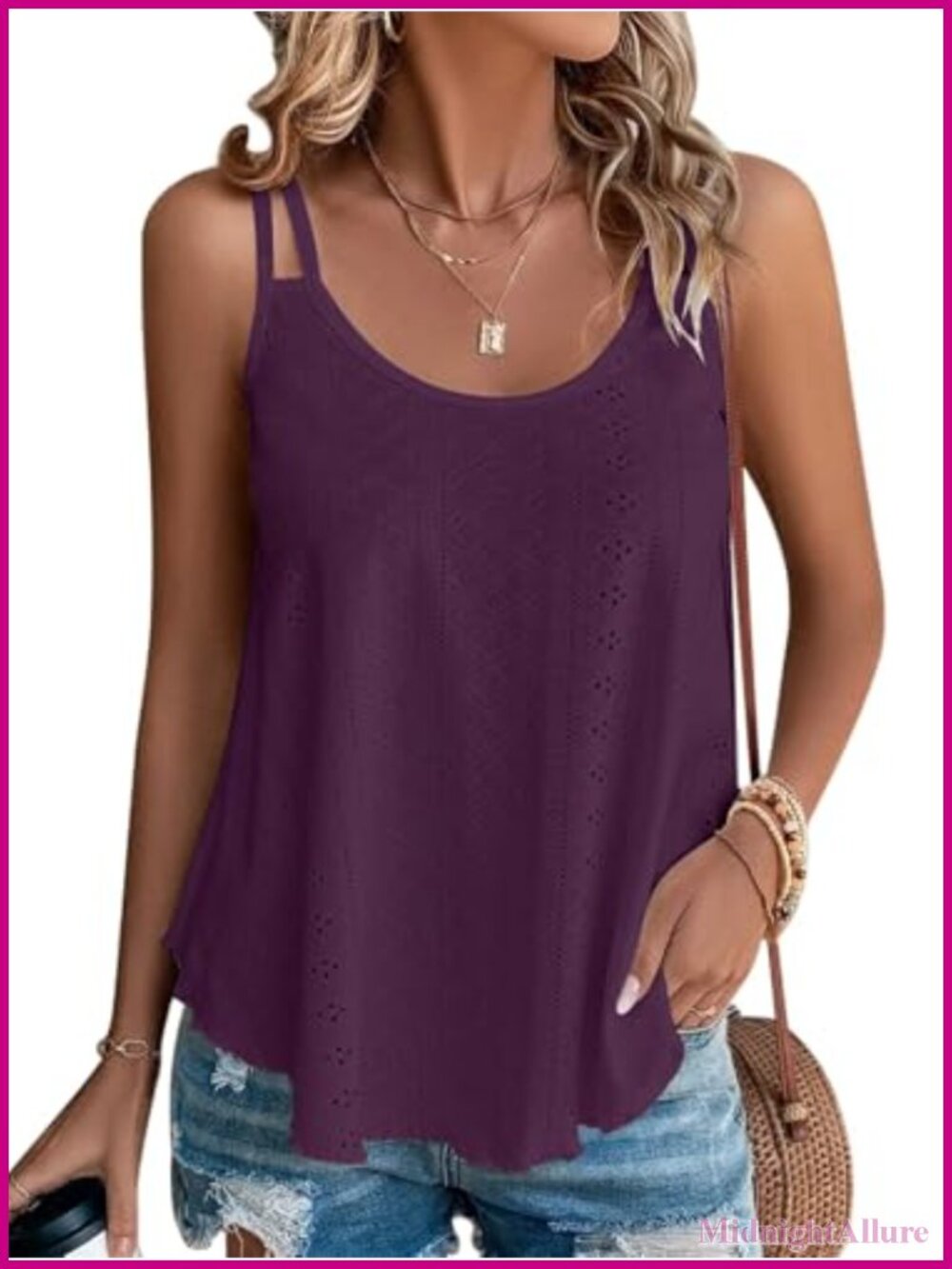 Women's Spaghetti Strap Sleeveless Flowy Tank Top Scoop Neck Eyelet Summer Tops
